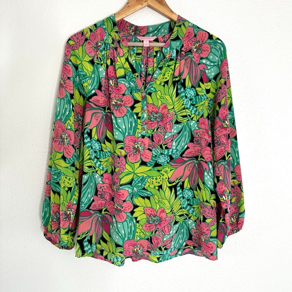 Lilly Pulitzer Elsa Skip On It Top Blouse Size Small S 100% Silk Frogs Floral